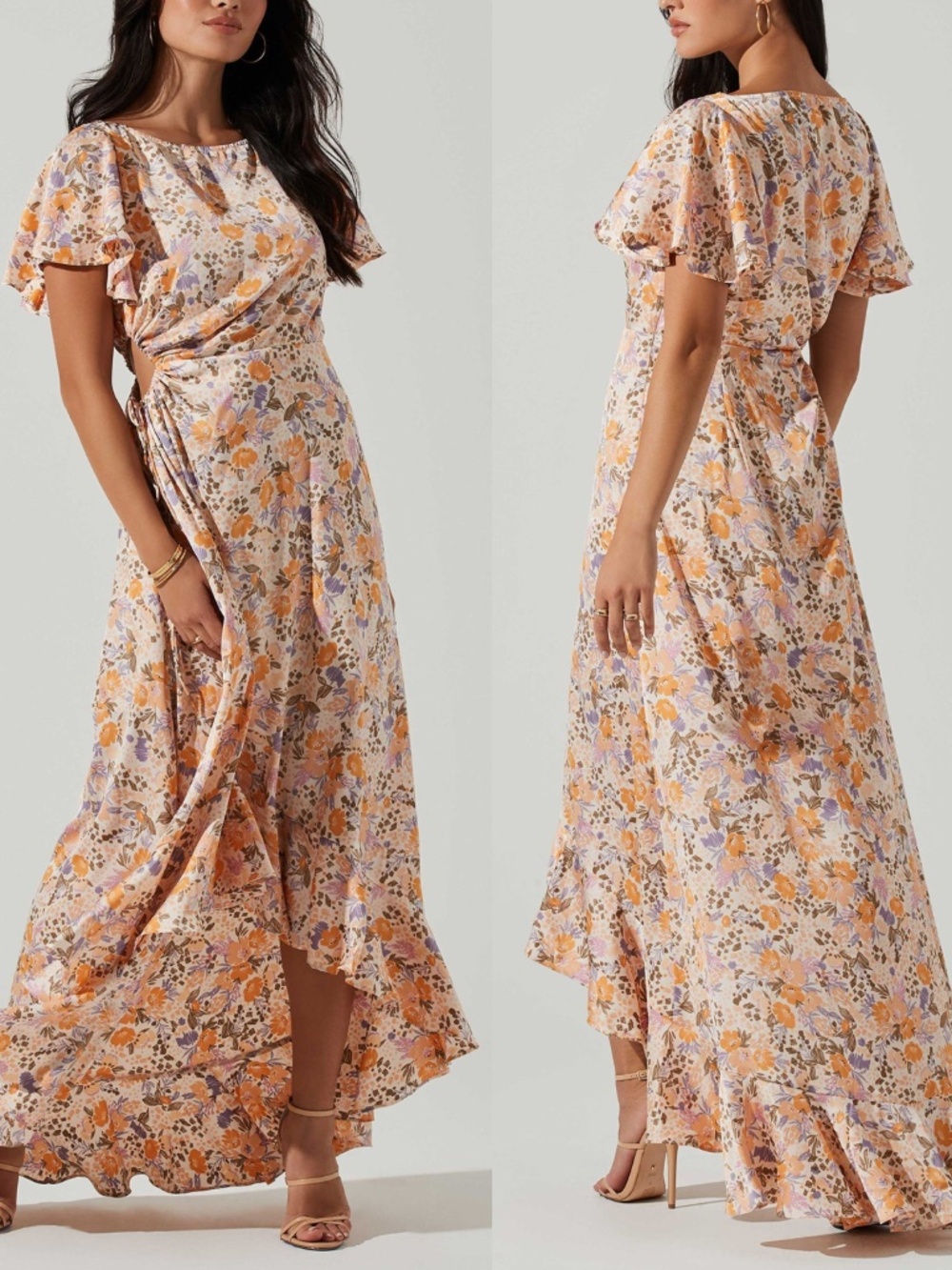 NEW ASTR The Label FLORAL SATIN Fluttery Sleeve CUT OUT Side RUFFLE Maxi DRESS S